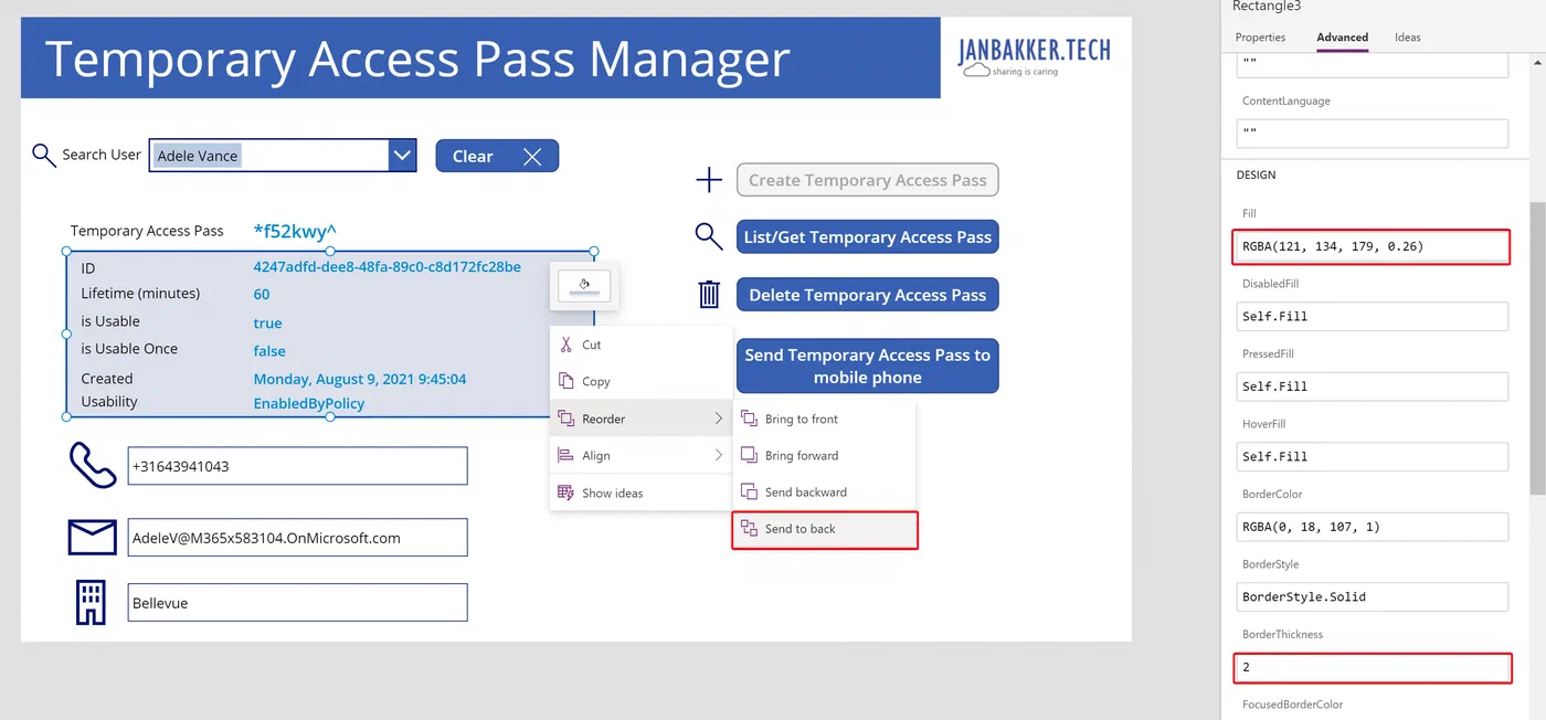 Power Apps layout with styled details and an emphasized pass code