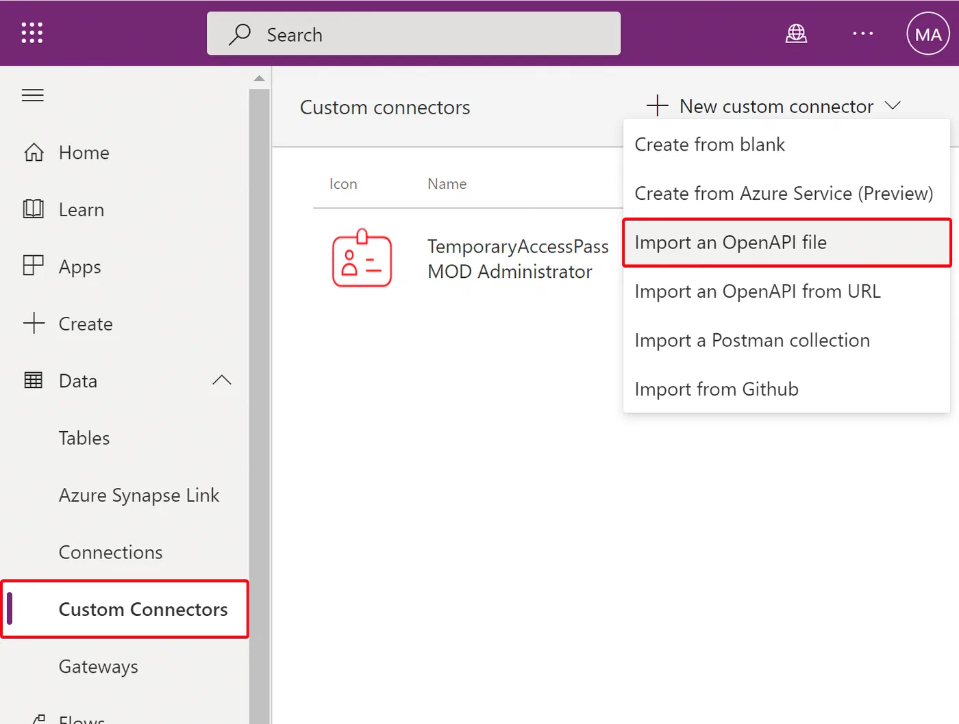 Power Apps import wizard for the custom connector package