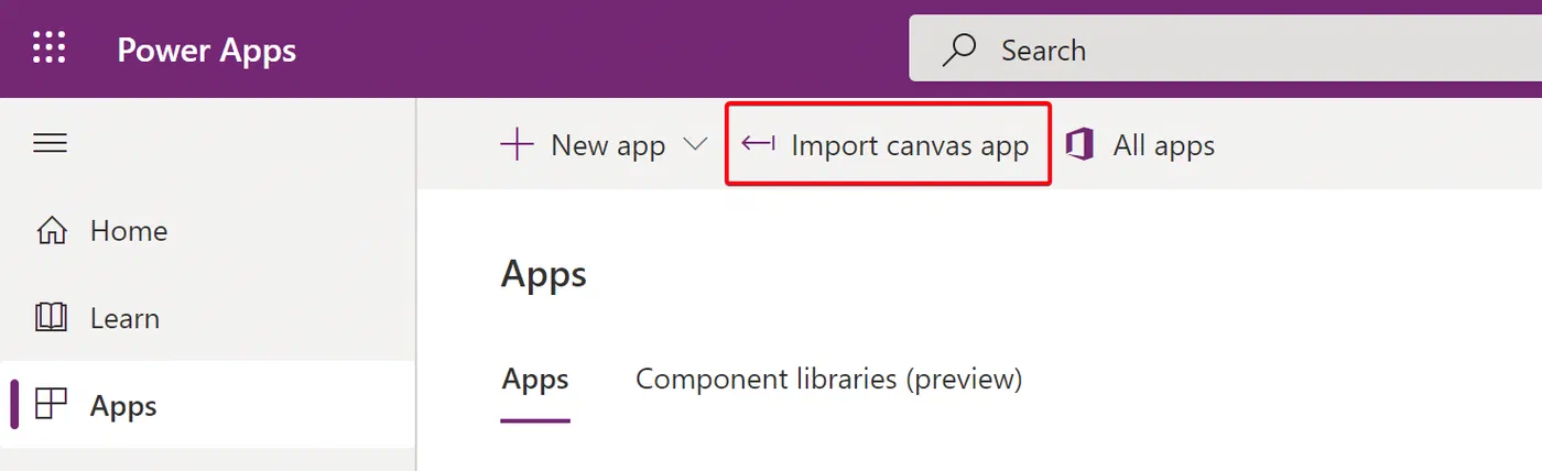 Power Apps import wizard choosing a connector for the canvas app