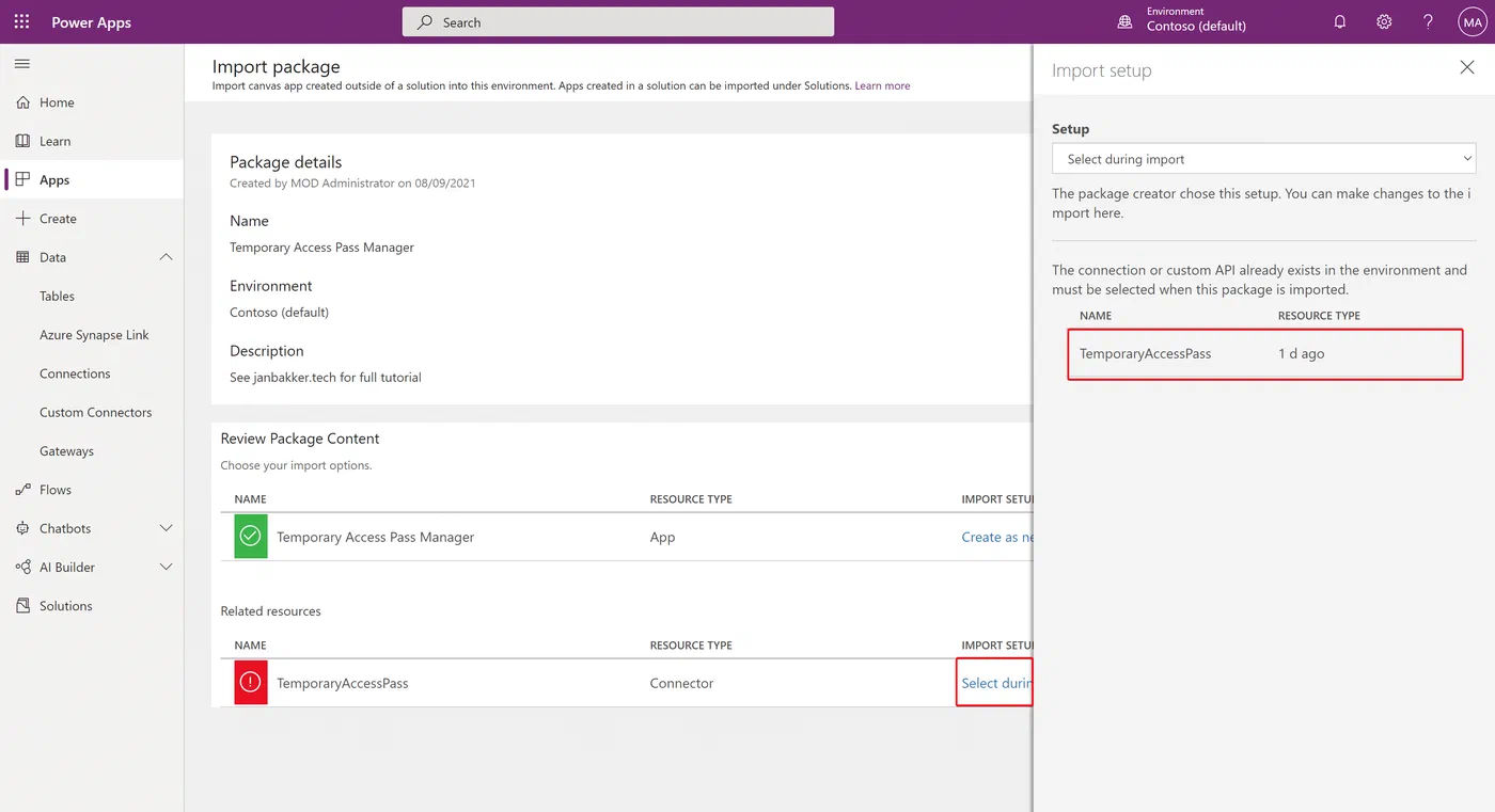 Power Apps import wizard confirming the selected connector for the app