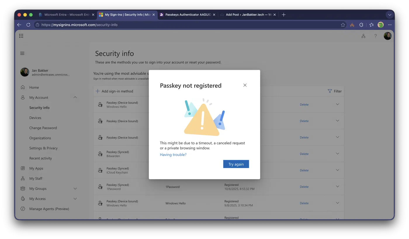 Passkey registration error caused by attestation requirements