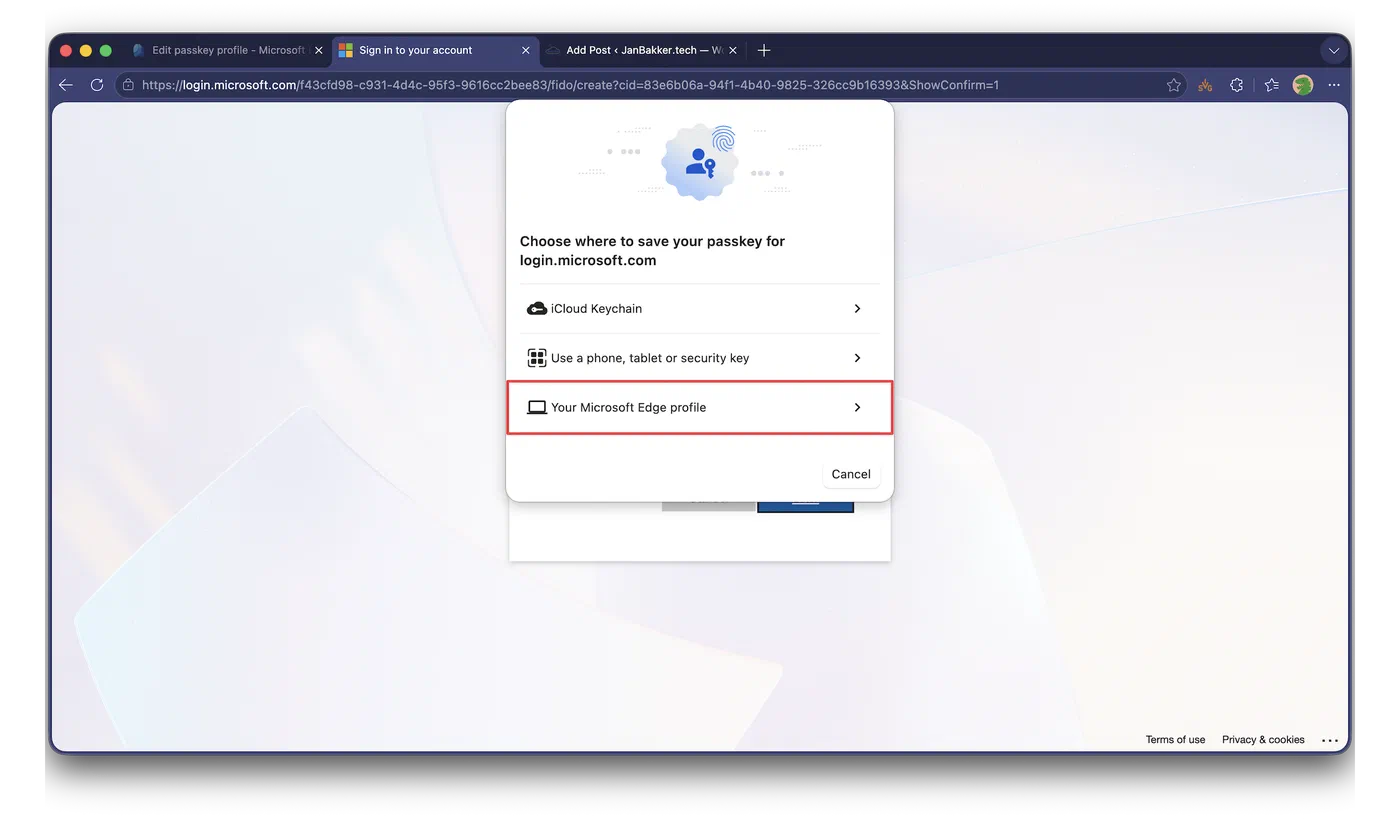 Microsoft Edge profile passkey option