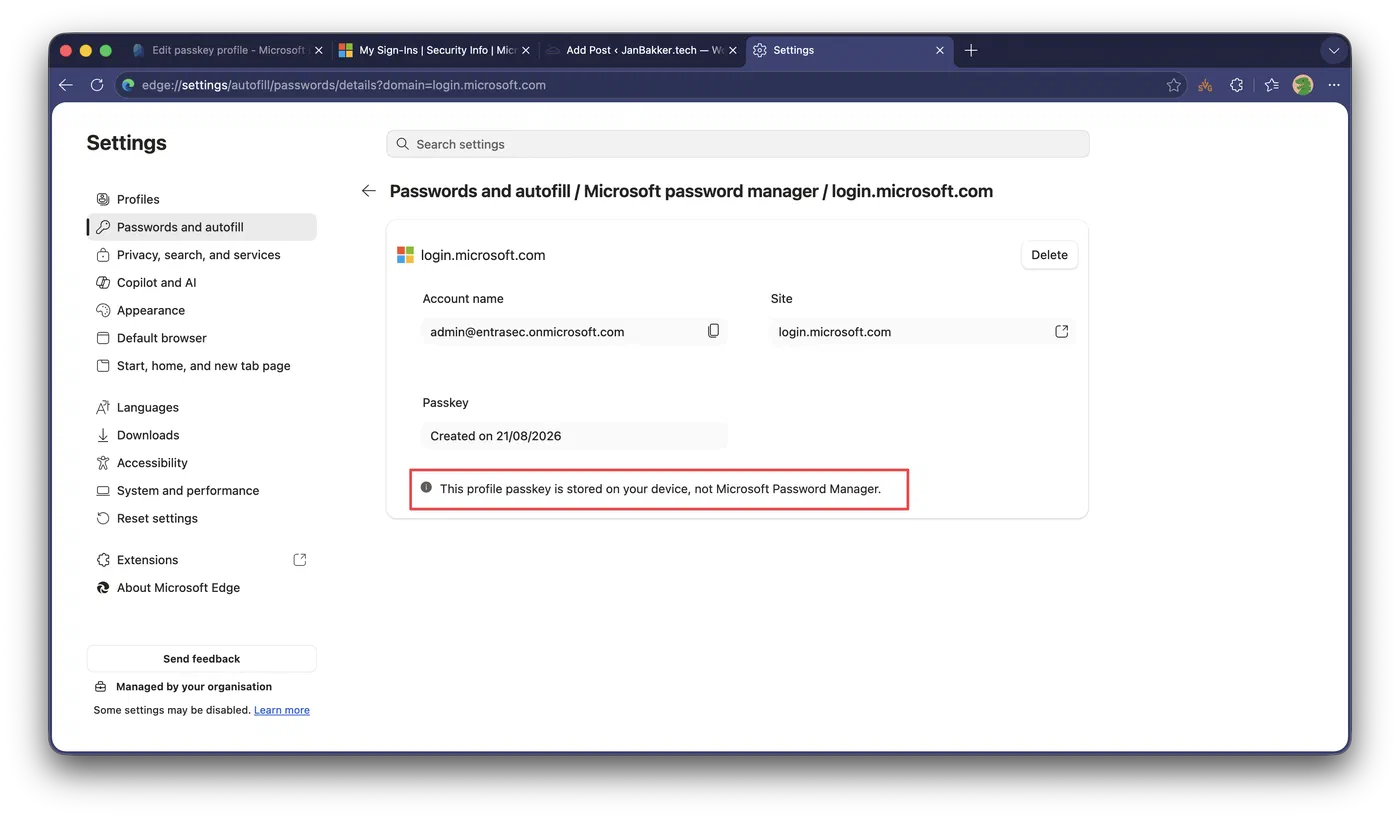 Passkey stored in the Microsoft Edge profile