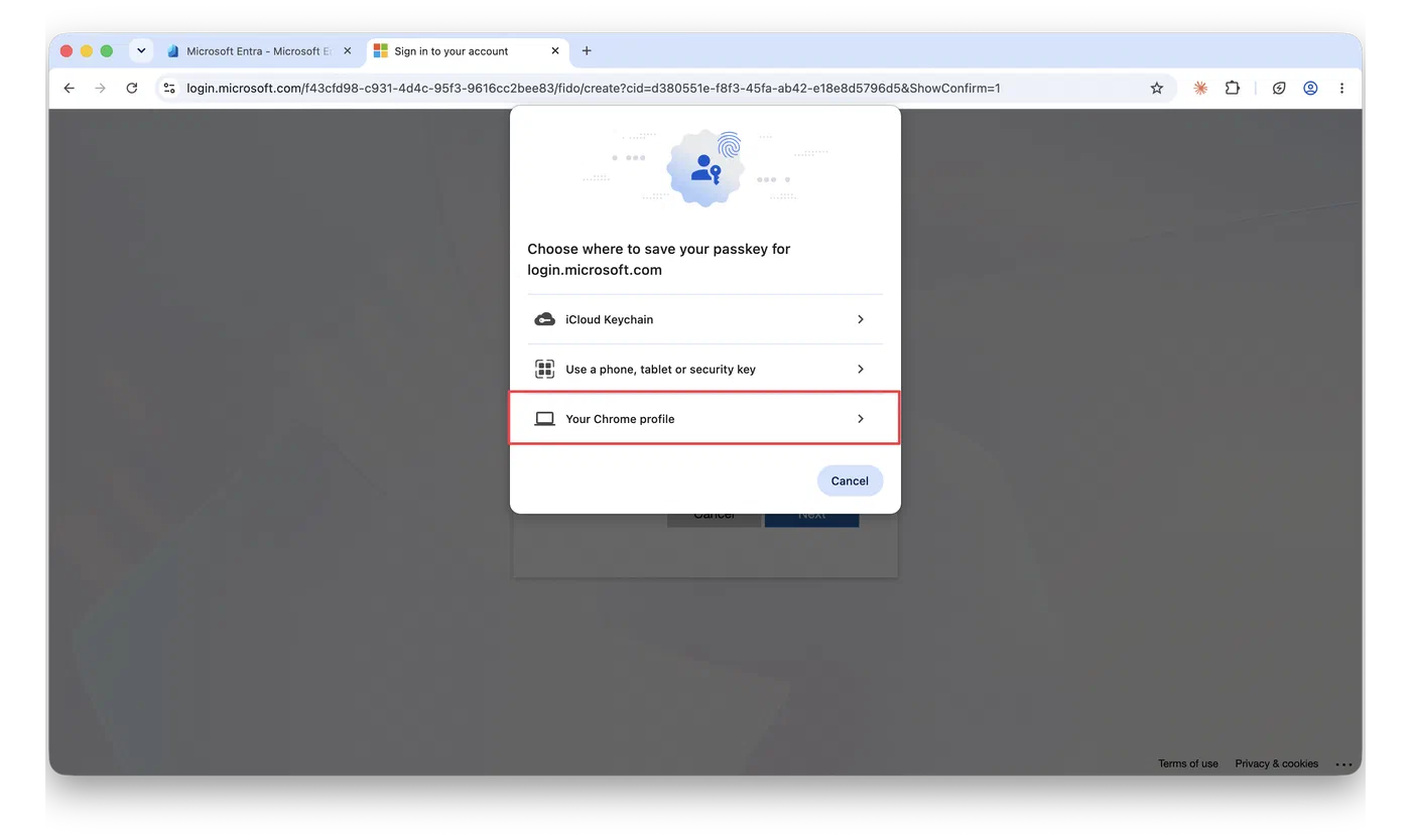 Google Chrome profile passkey option