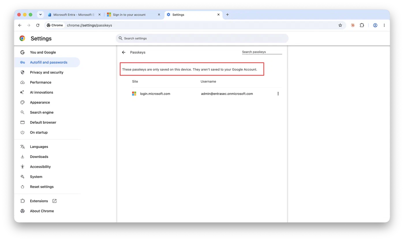 Passkey stored in the Google Chrome profile