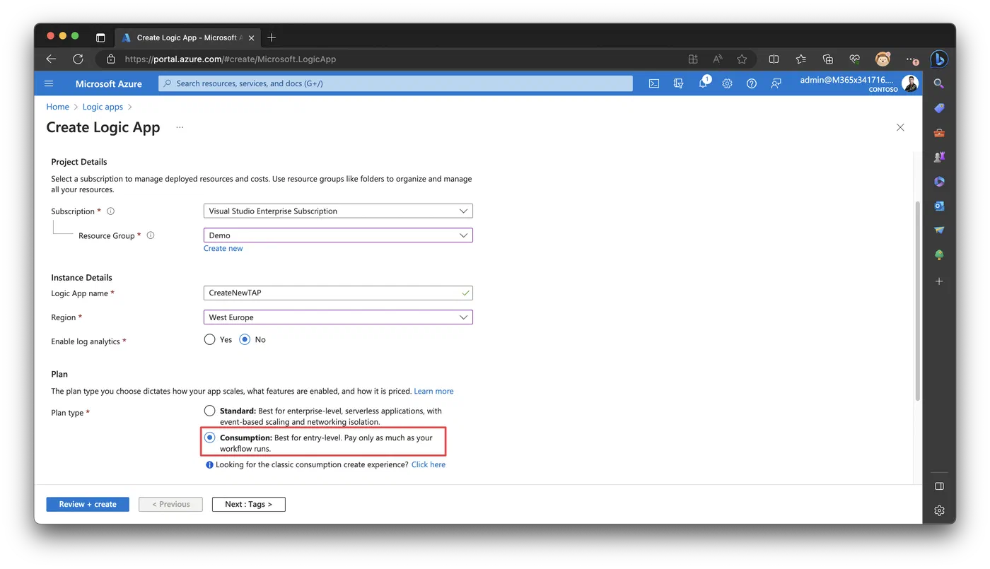 Azure portal Marketplace search results for creating a Logic App