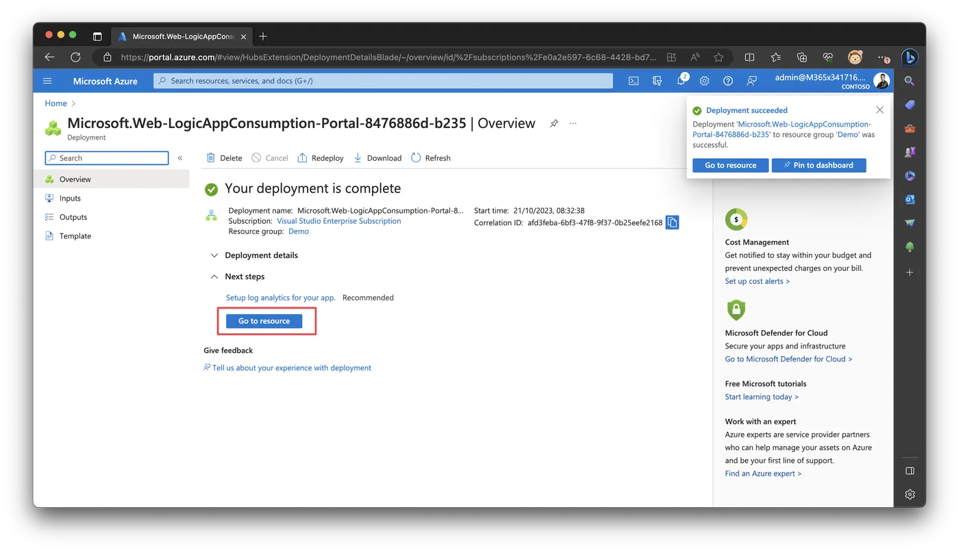 Azure portal overview page for the newly created Logic App