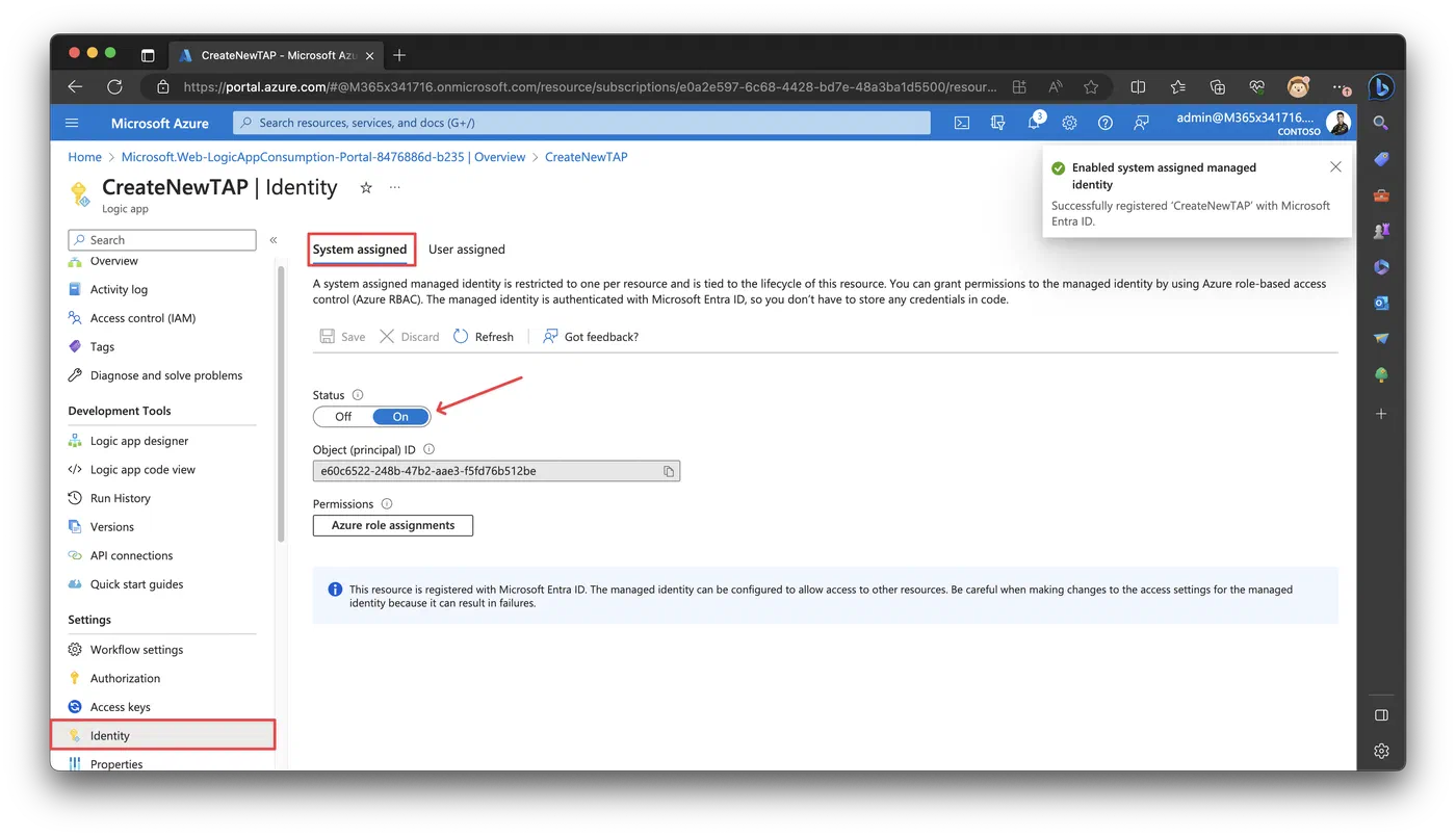Logic App identity settings with the system assigned managed identity enabled