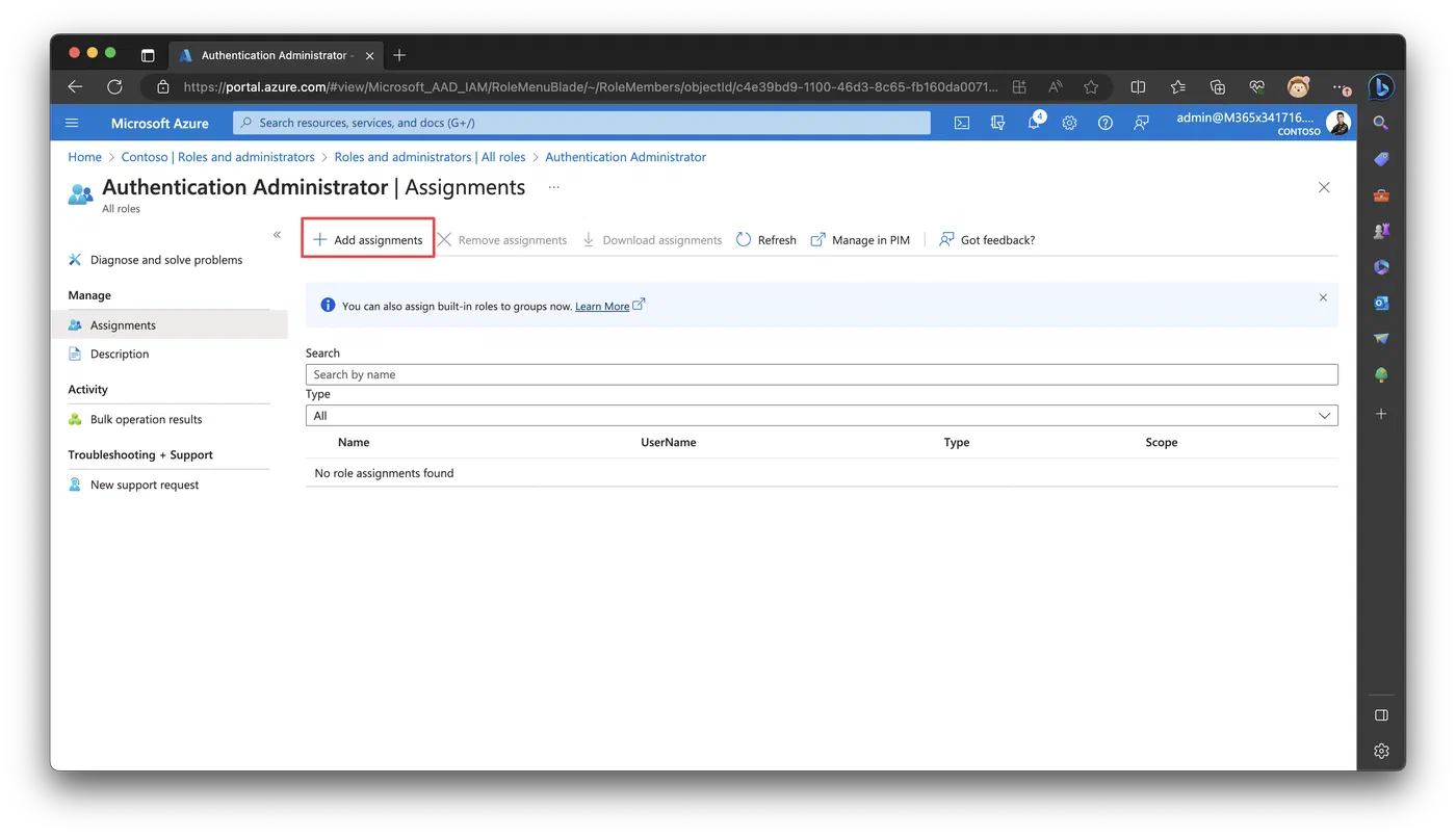 Entra admin center role assignment form for Authentication Administrator