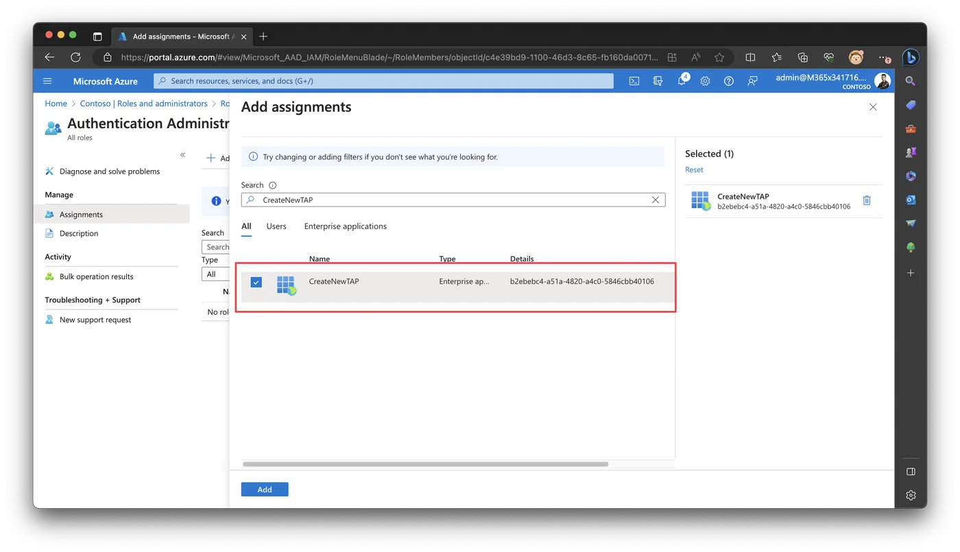 Role assignment picker selecting the Logic App managed identity