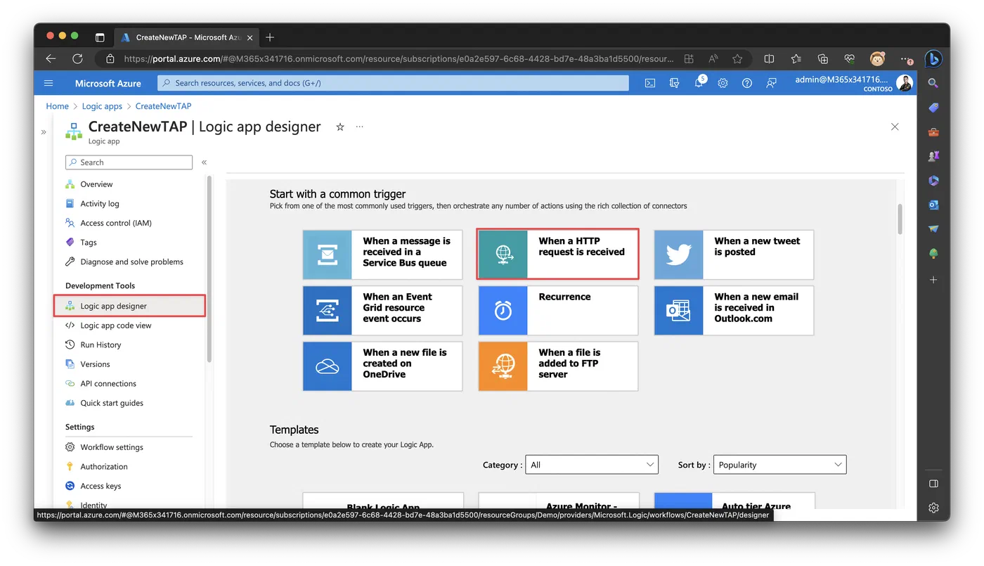 Logic Apps designer with an HTTP request trigger selected