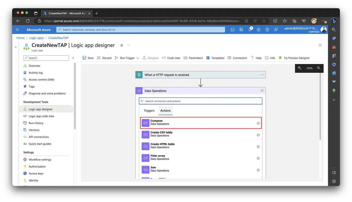 Logic Apps designer adding a Compose action from Data Operations