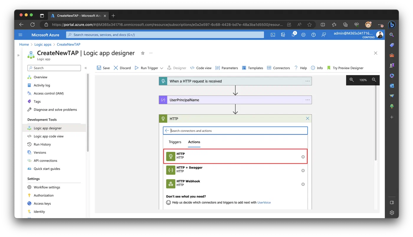 Logic Apps designer adding an HTTP action for a Microsoft Graph request