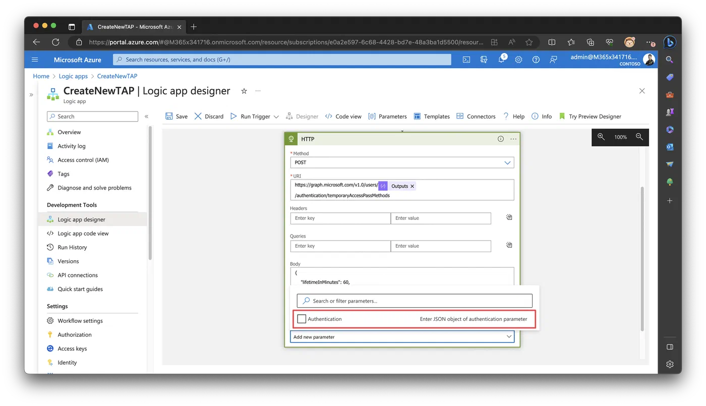 HTTP action authentication settings expanded in the Logic Apps designer