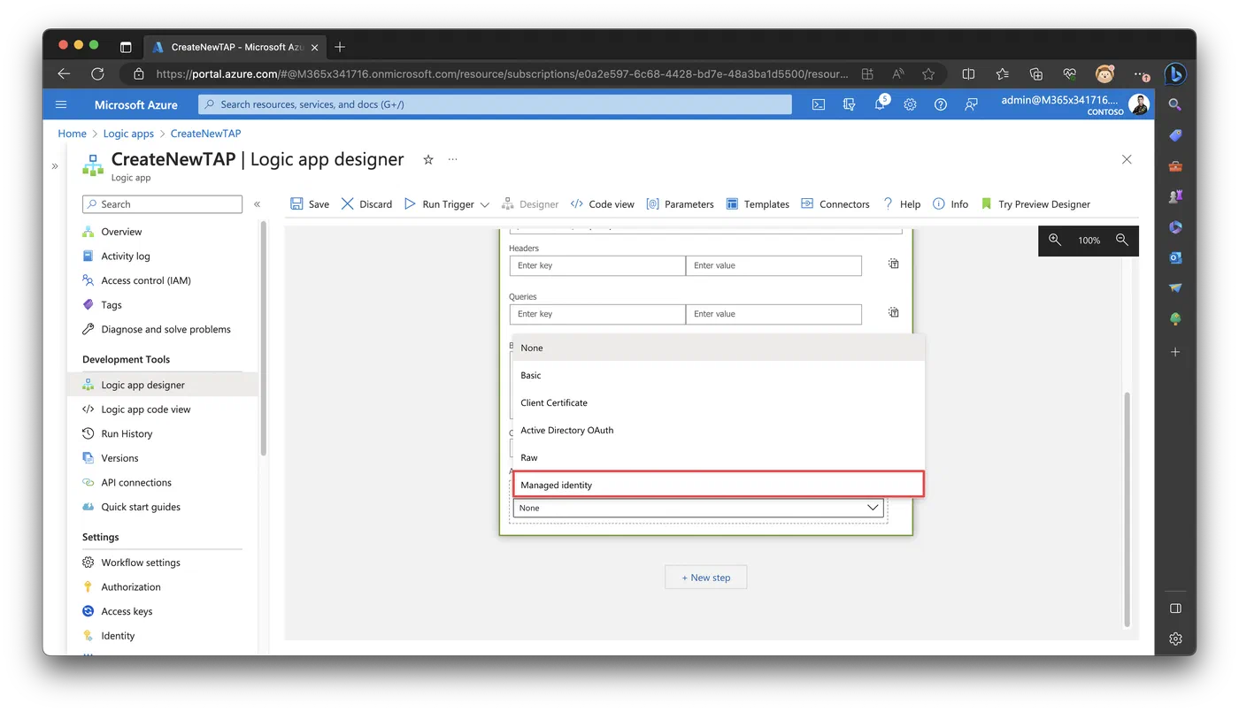 HTTP action authentication type set to managed identity