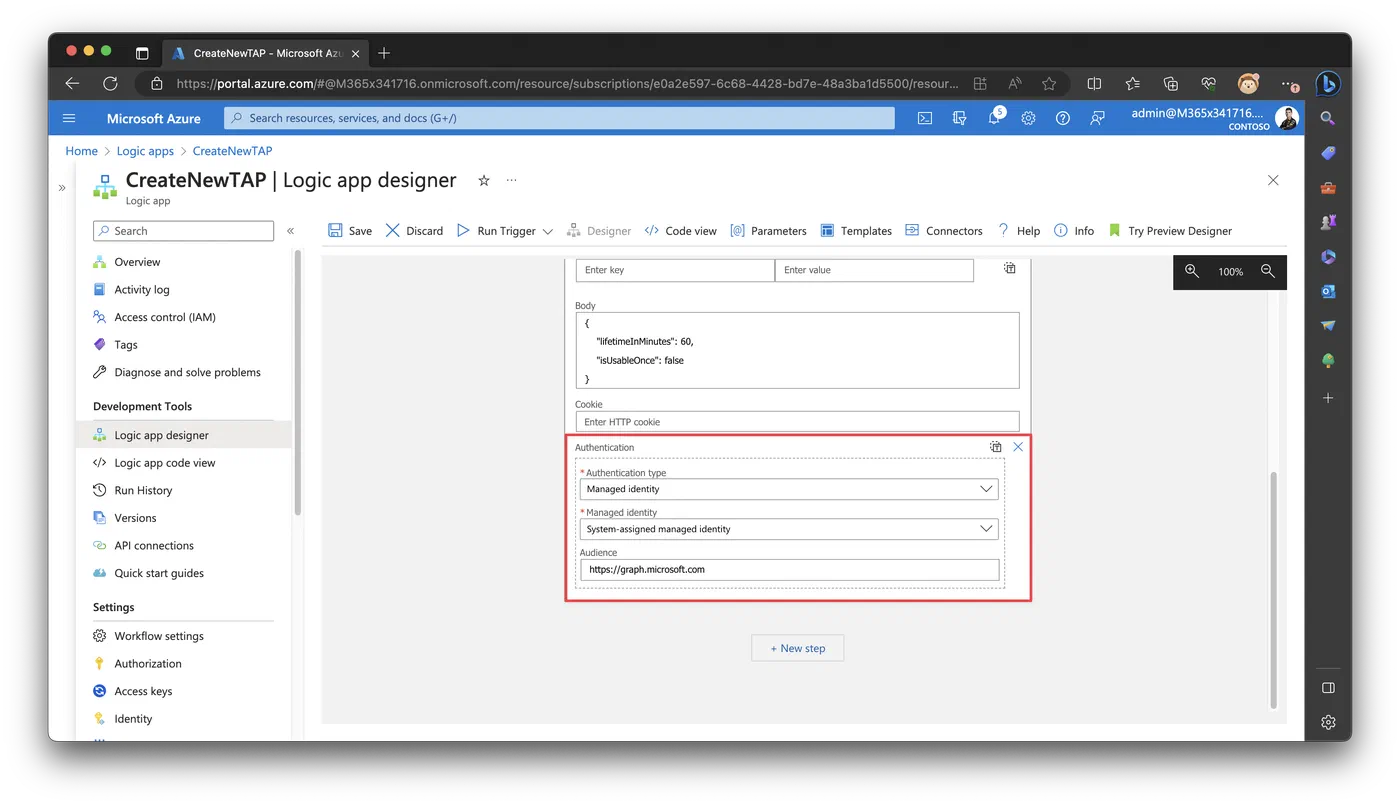 HTTP action configured to use the system assigned managed identity