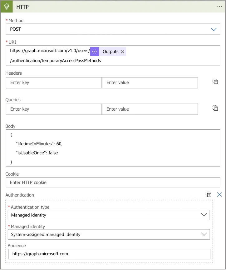 Completed HTTP action with managed identity authentication and Graph request settings