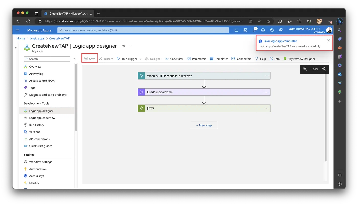 Logic Apps designer saving the configured Temporary Access Pass workflow