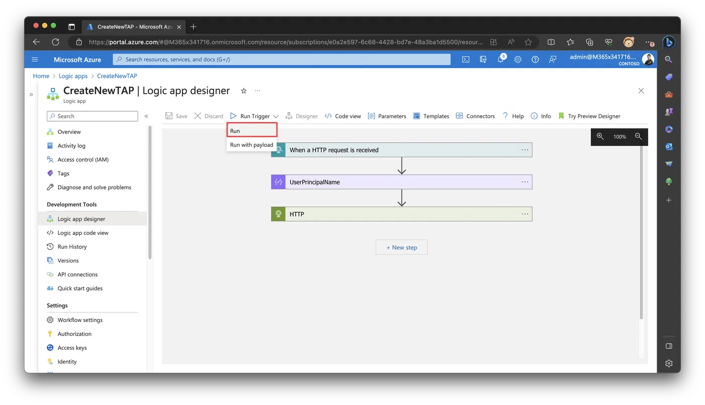 Logic App run history showing a workflow test in progress