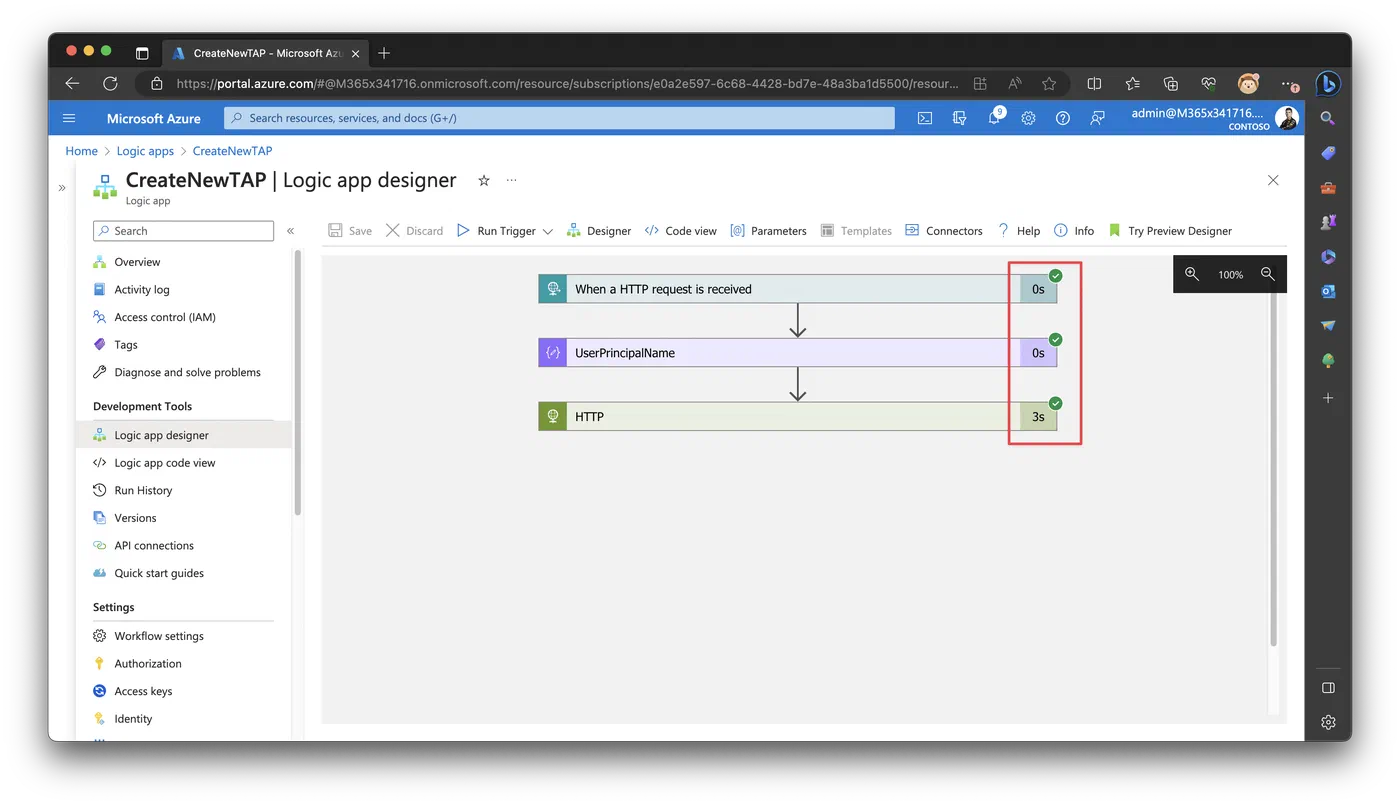 Logic App test run completed with three successful action checks