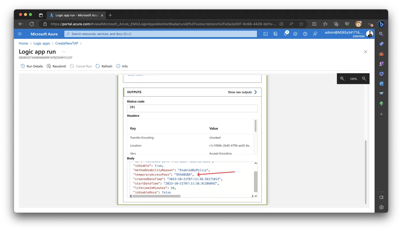 Microsoft Graph HTTP response displaying the created Temporary Access Pass