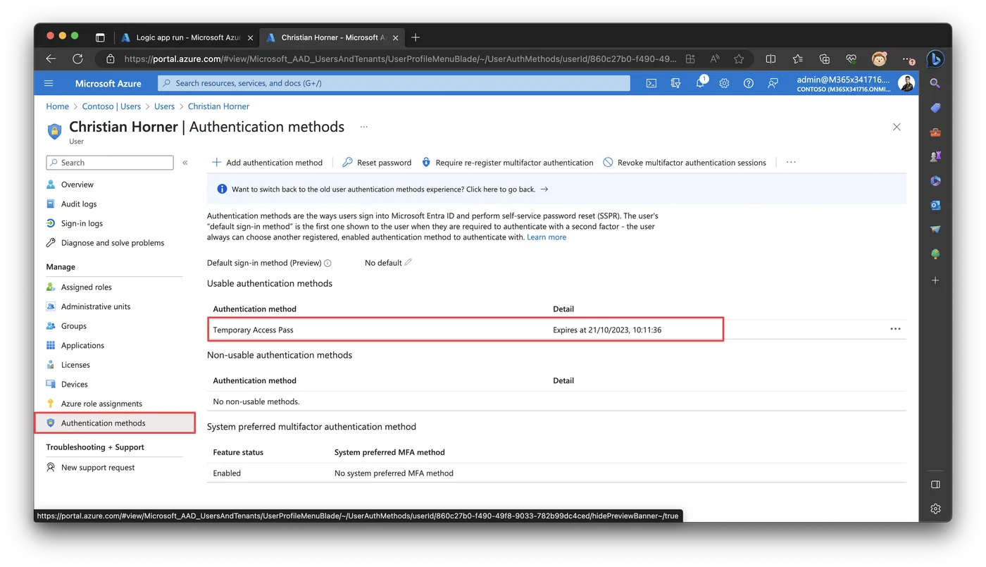 Entra authentication methods page showing the Temporary Access Pass
