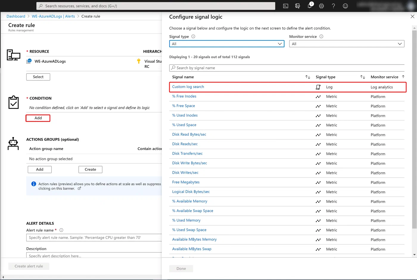 Azure Monitor alert condition configured for a custom log search query
