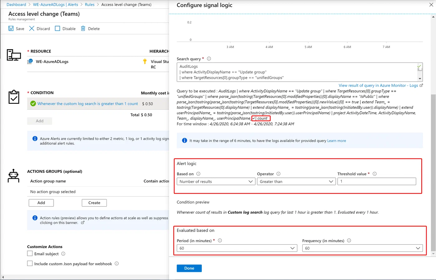Azure Monitor alert logic and evaluation interval for a Teams audit query