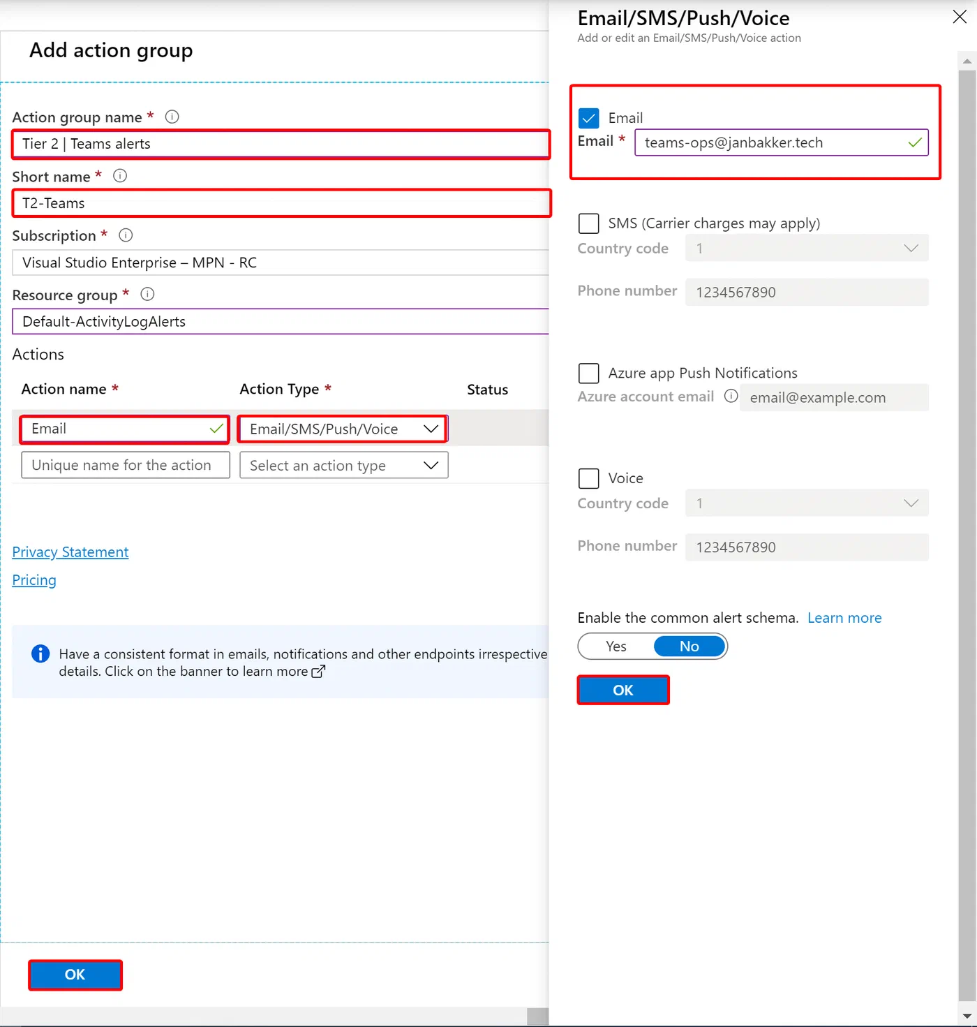 Azure Monitor action group setup for email alerts about Teams activity