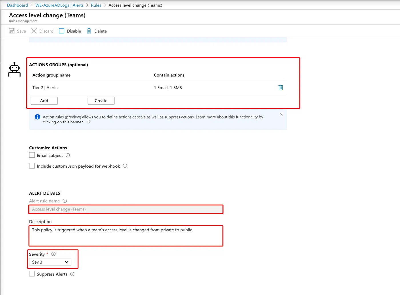 Azure Monitor alert rule settings for its name, description, and severity