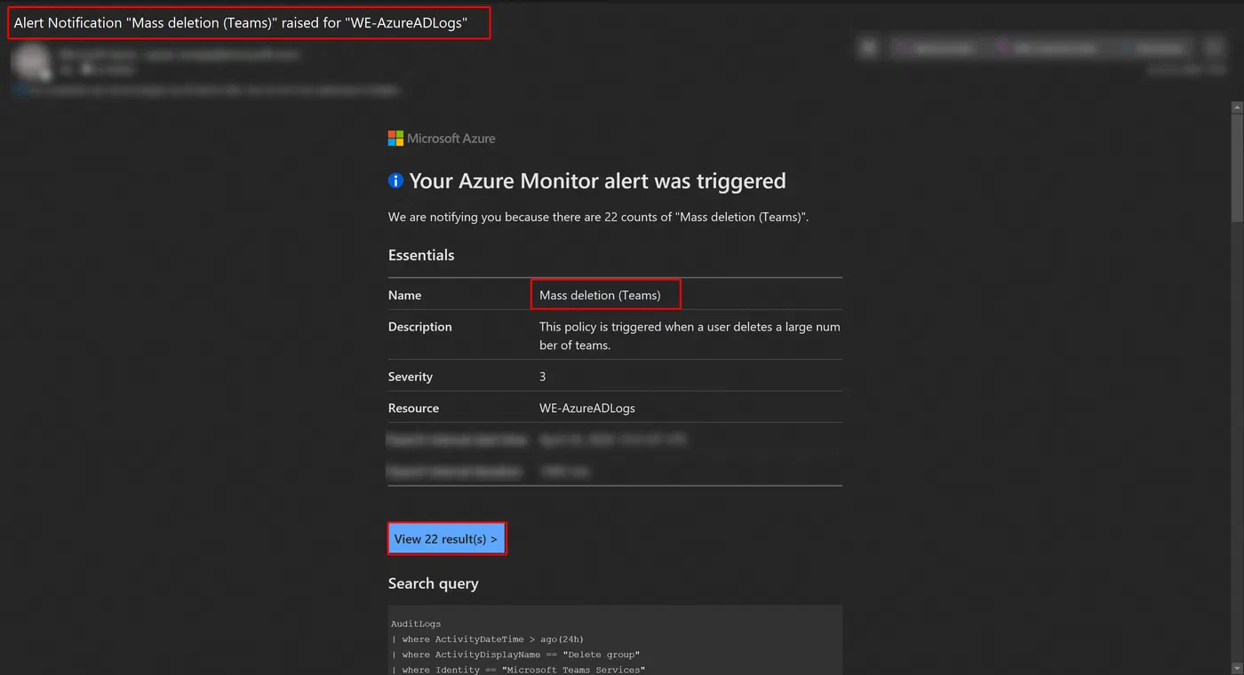 Azure Monitor alert email summarizing the query and matching audit results