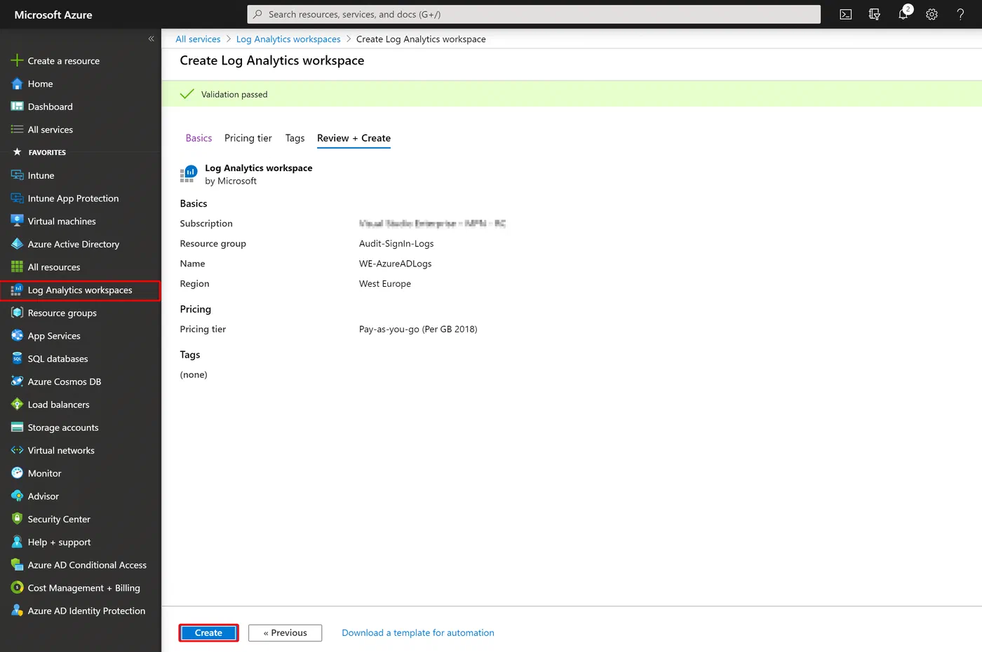 Azure portal wizard creating a Log Analytics workspace and selecting its region