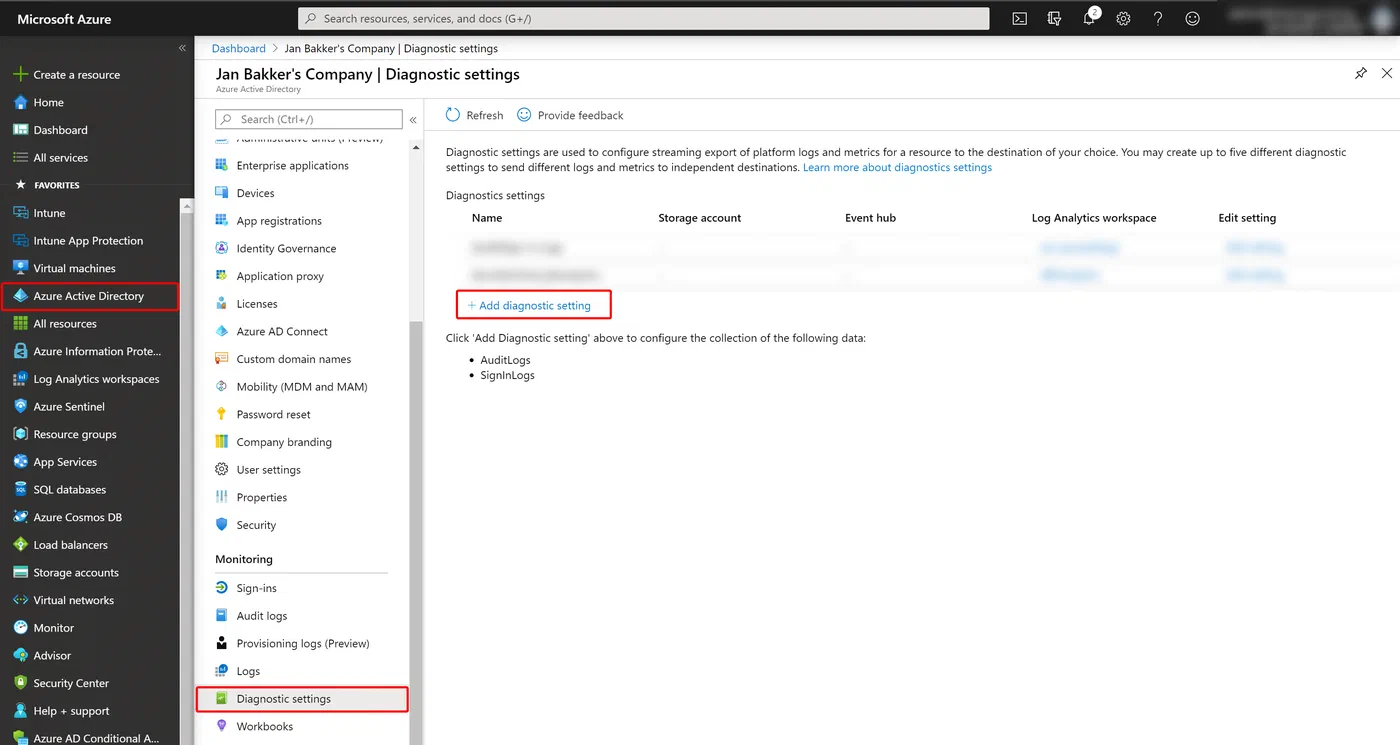 Azure portal diagnostic settings connecting Azure AD audit logs to Log Analytics