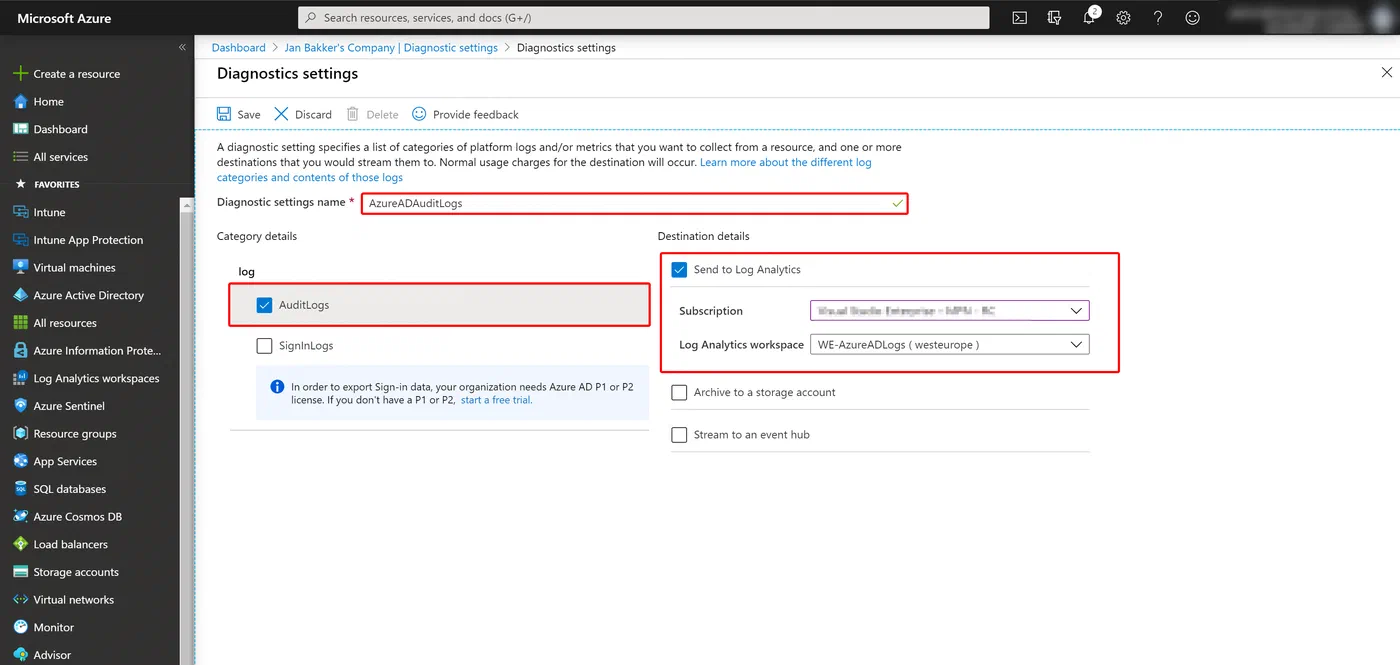 Azure Active Directory diagnostic settings selecting audit logs and workspace destination