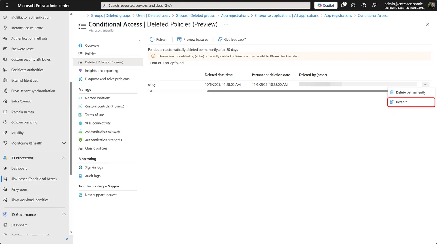 Screenshot showing Entra ID deleted Conditional Access policies and named locations (step 4)