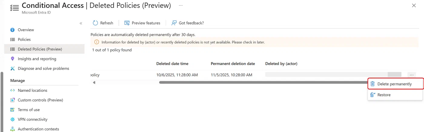 Screenshot showing Entra ID deleted Conditional Access policies and named locations (step 8)