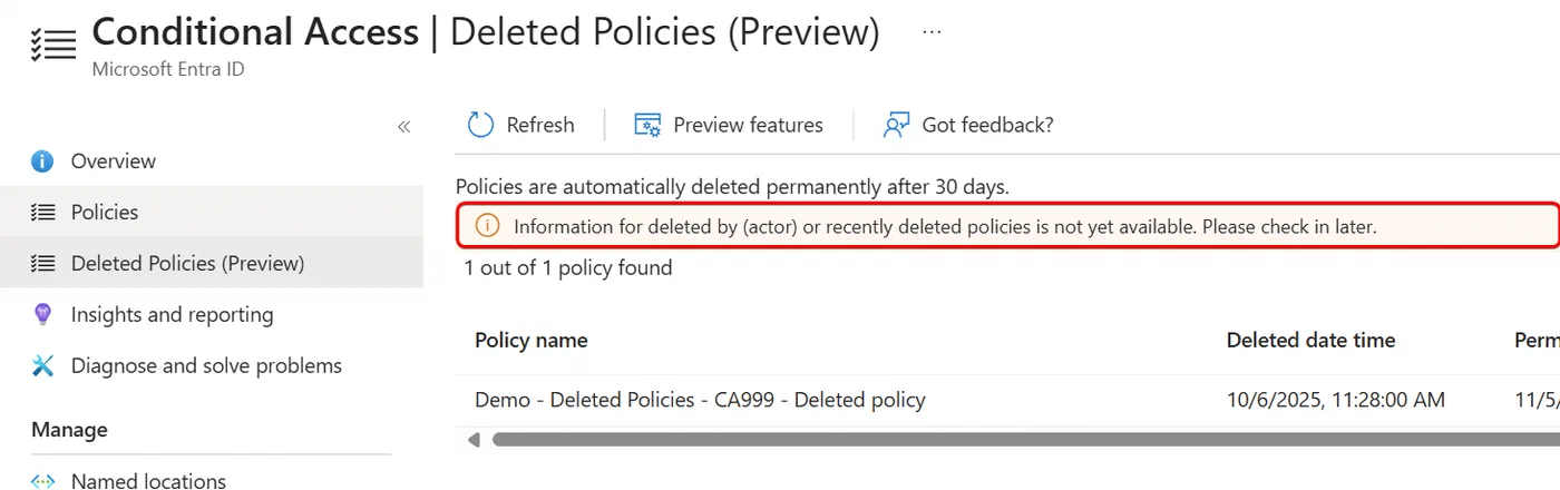 Screenshot showing Entra ID deleted Conditional Access policies and named locations (step 9)