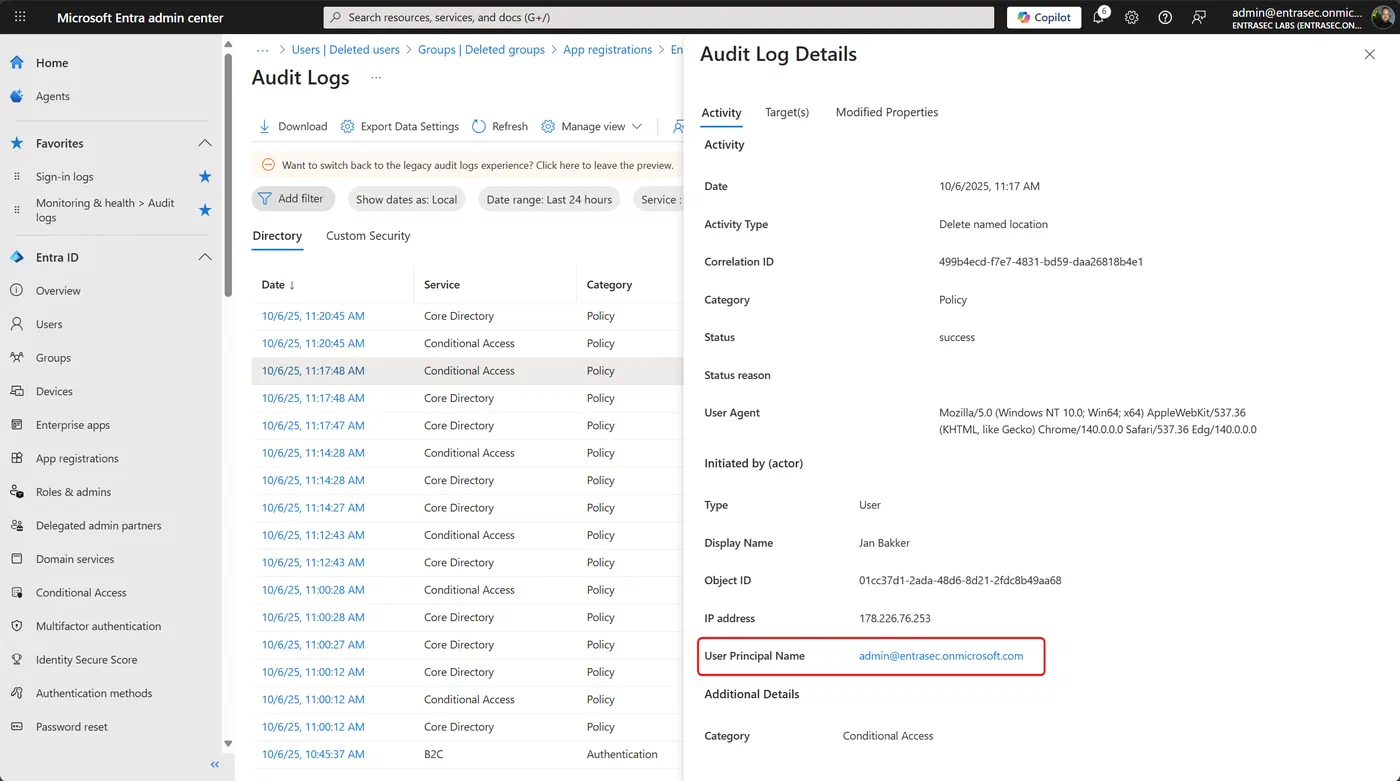 Screenshot showing Entra ID deleted Conditional Access policies and named locations (step 10)
