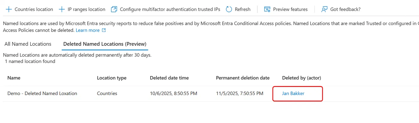 Screenshot showing Entra ID deleted Conditional Access policies and named locations (step 11)