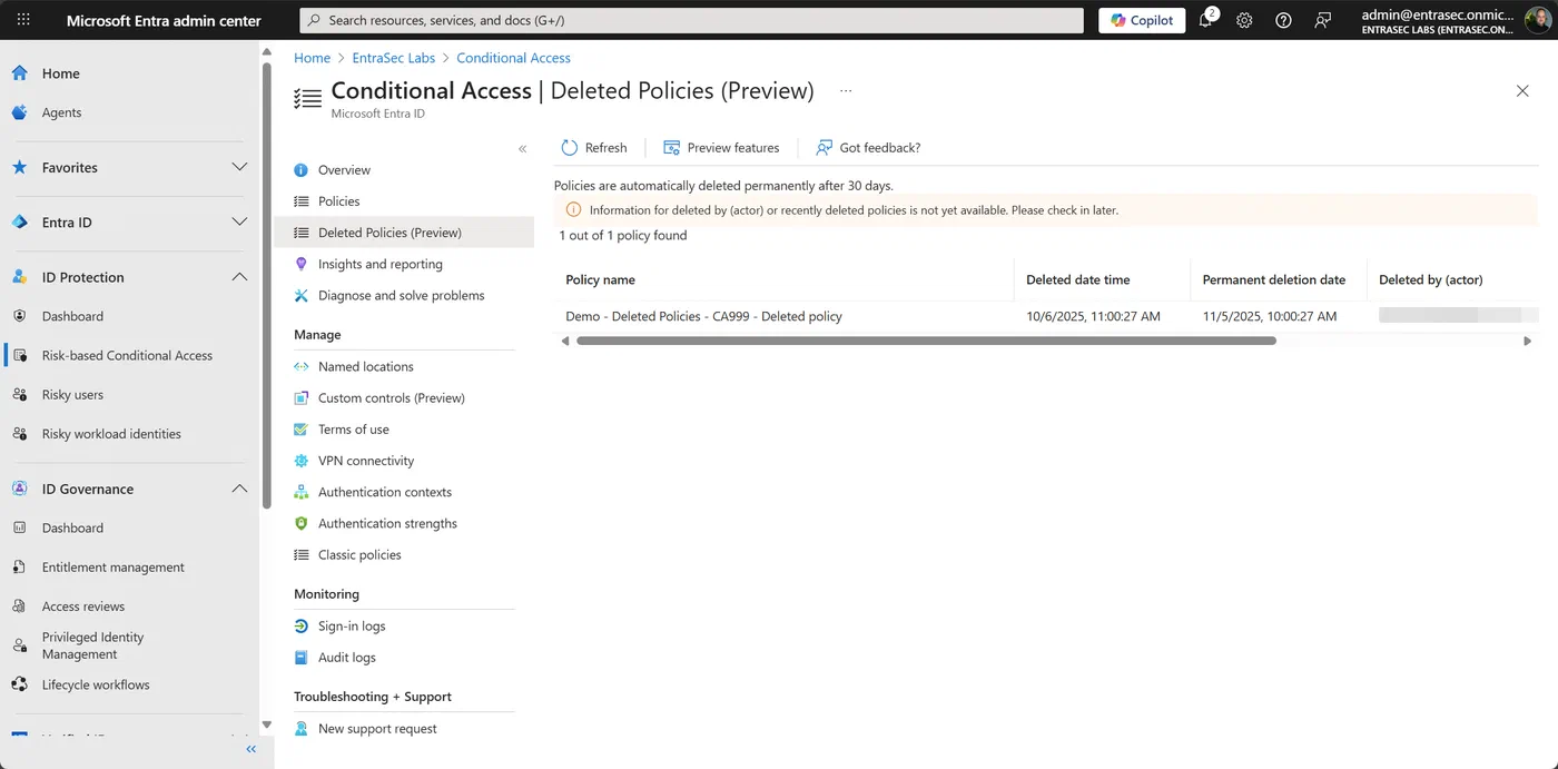 Screenshot showing Entra ID deleted Conditional Access policies and named locations (step 2)