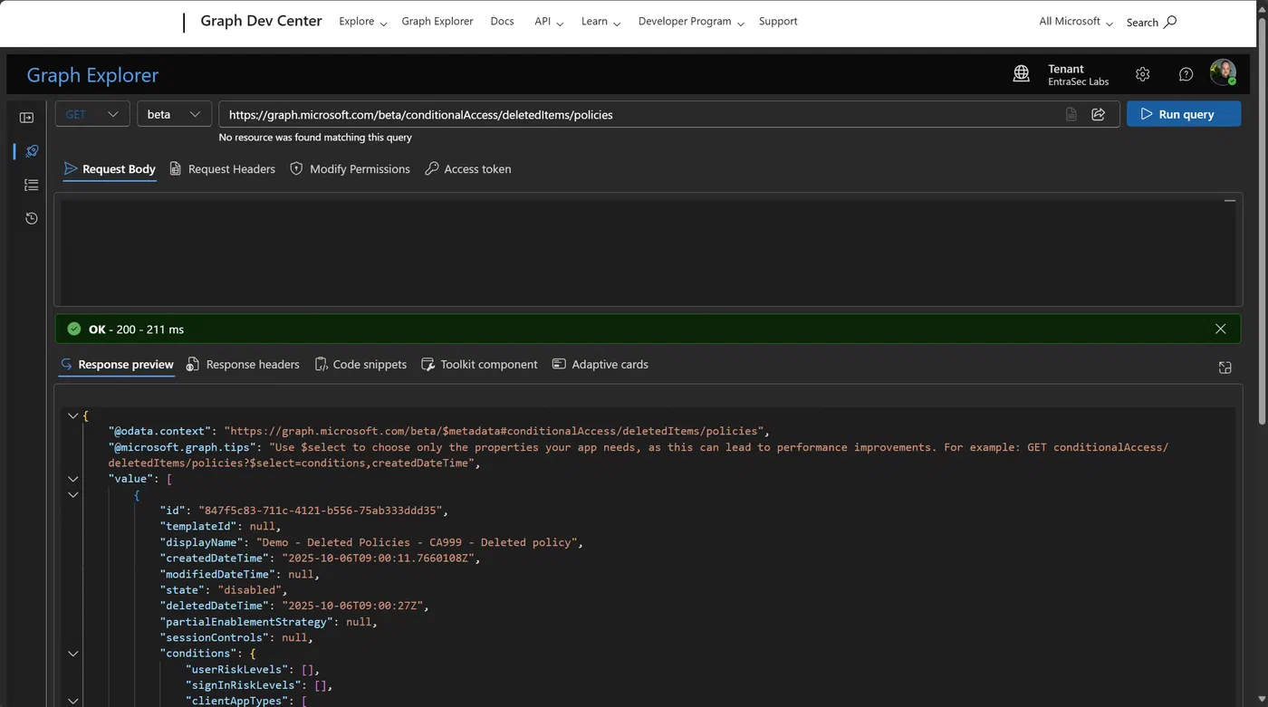 Screenshot showing Entra ID deleted Conditional Access policies and named locations (step 3)