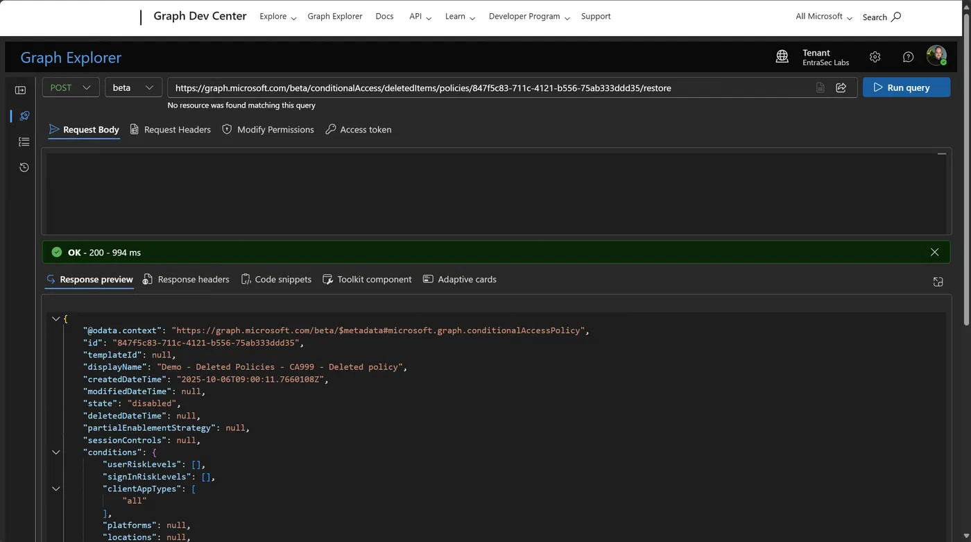 Screenshot showing Entra ID deleted Conditional Access policies and named locations (step 5)