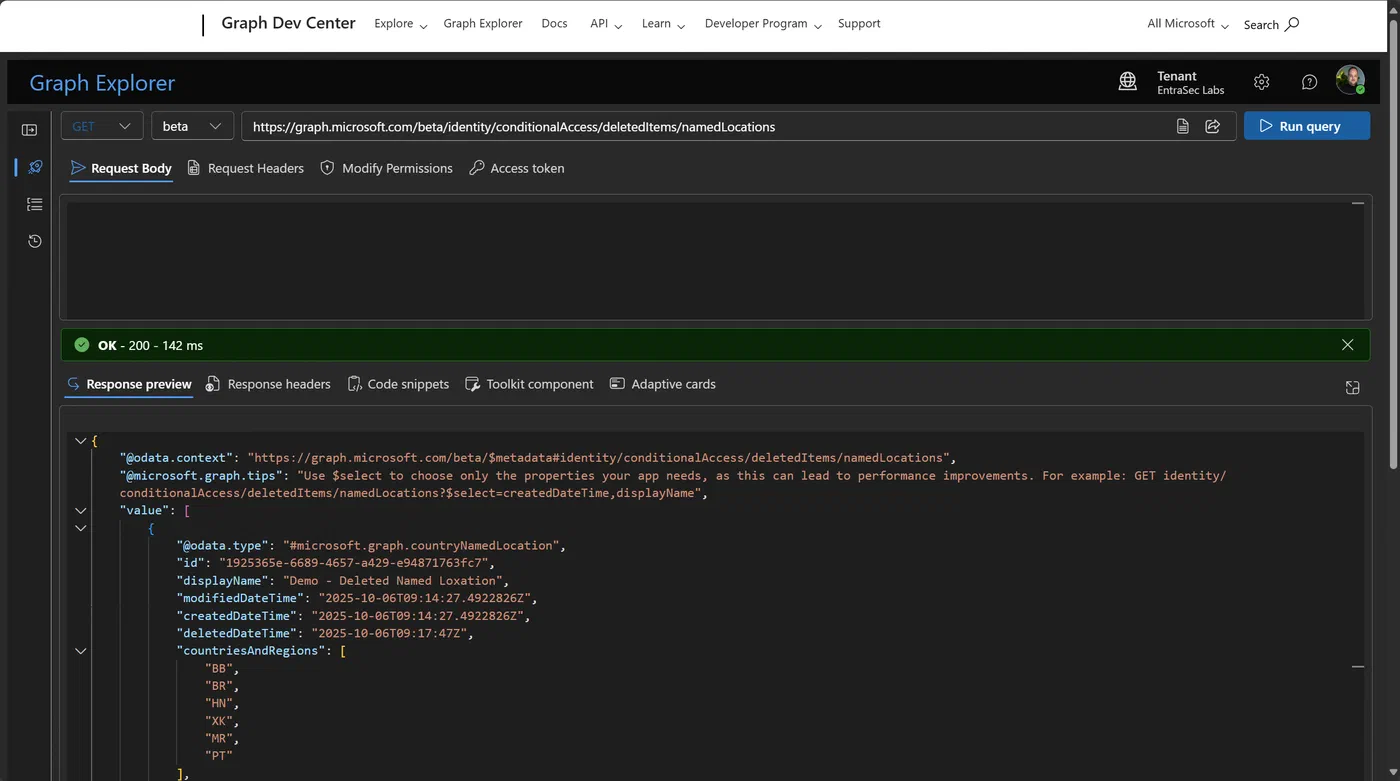 Screenshot showing Entra ID deleted Conditional Access policies and named locations (step 7)