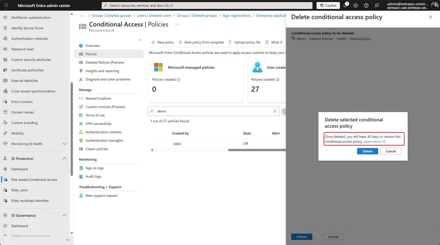 Screenshot showing Entra ID deleted Conditional Access policies and named locations (step 1)