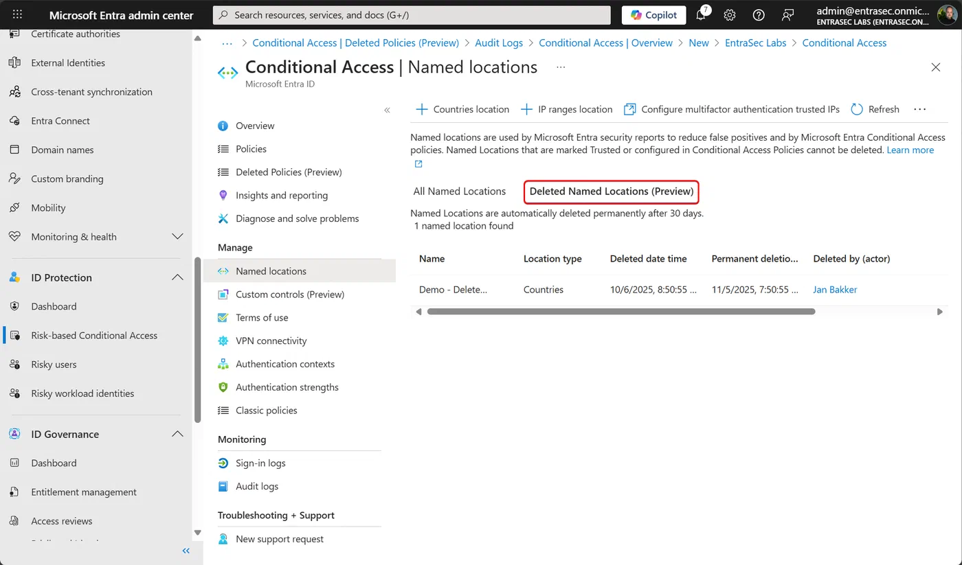 Screenshot showing Entra ID deleted Conditional Access policies and named locations (step 6)