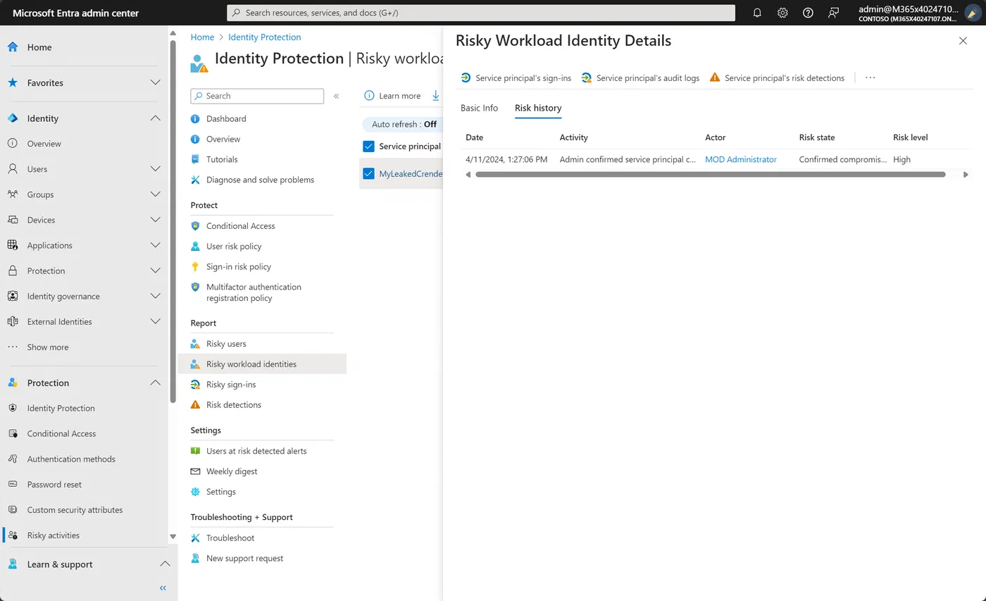 Entra admin center workload identity marked as high risk