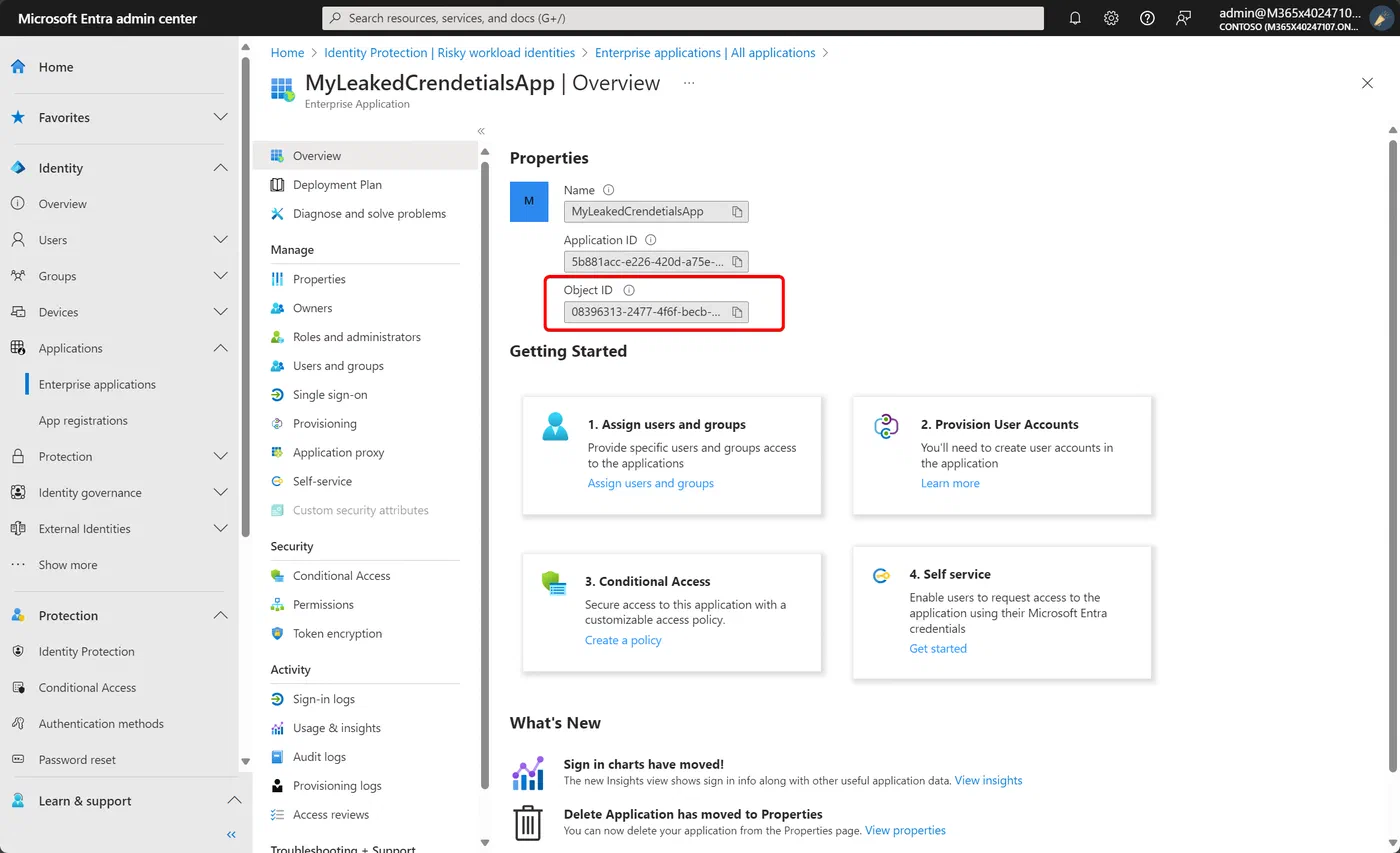Entra admin center listing workload identities with their risk status
