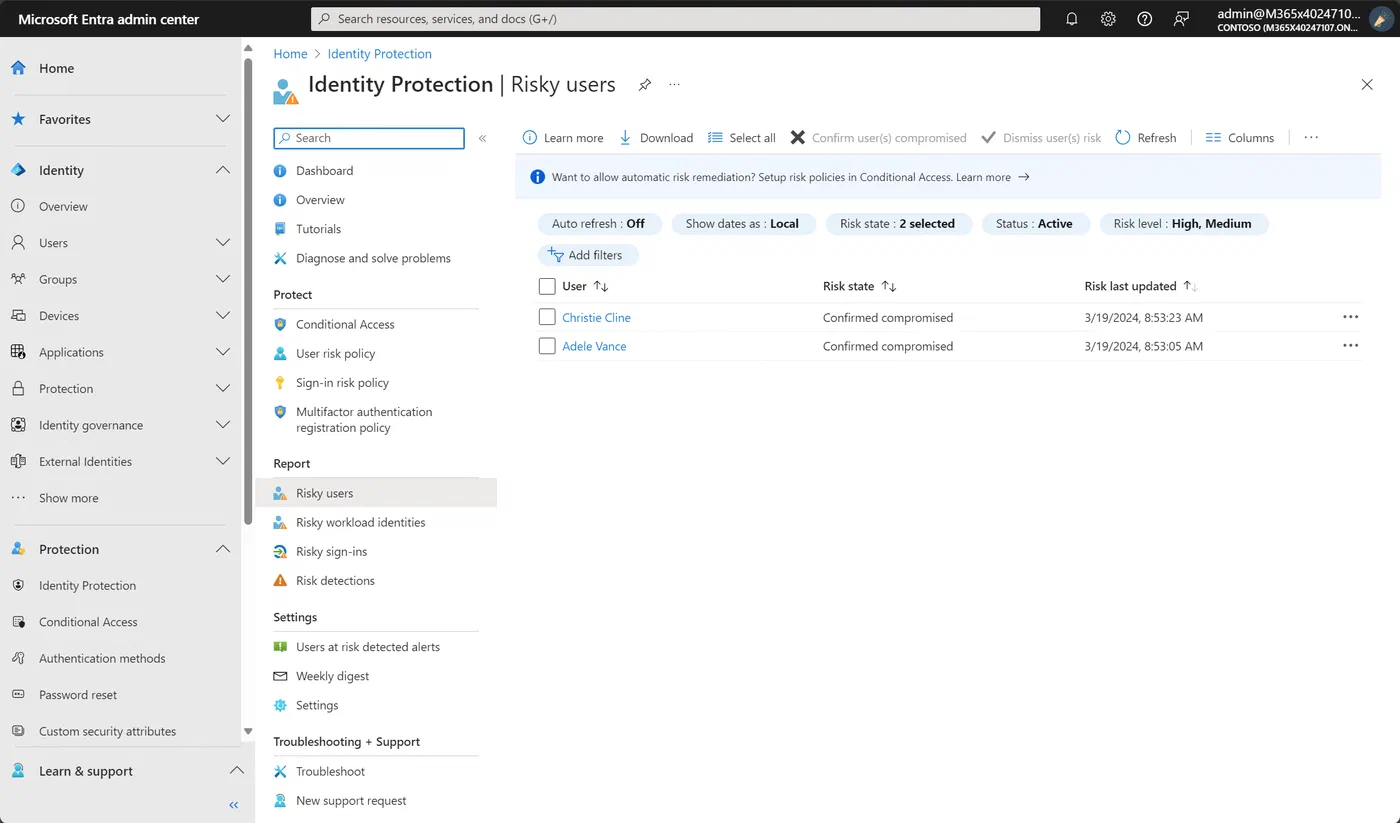 Entra admin center risky users list showing users at high risk
