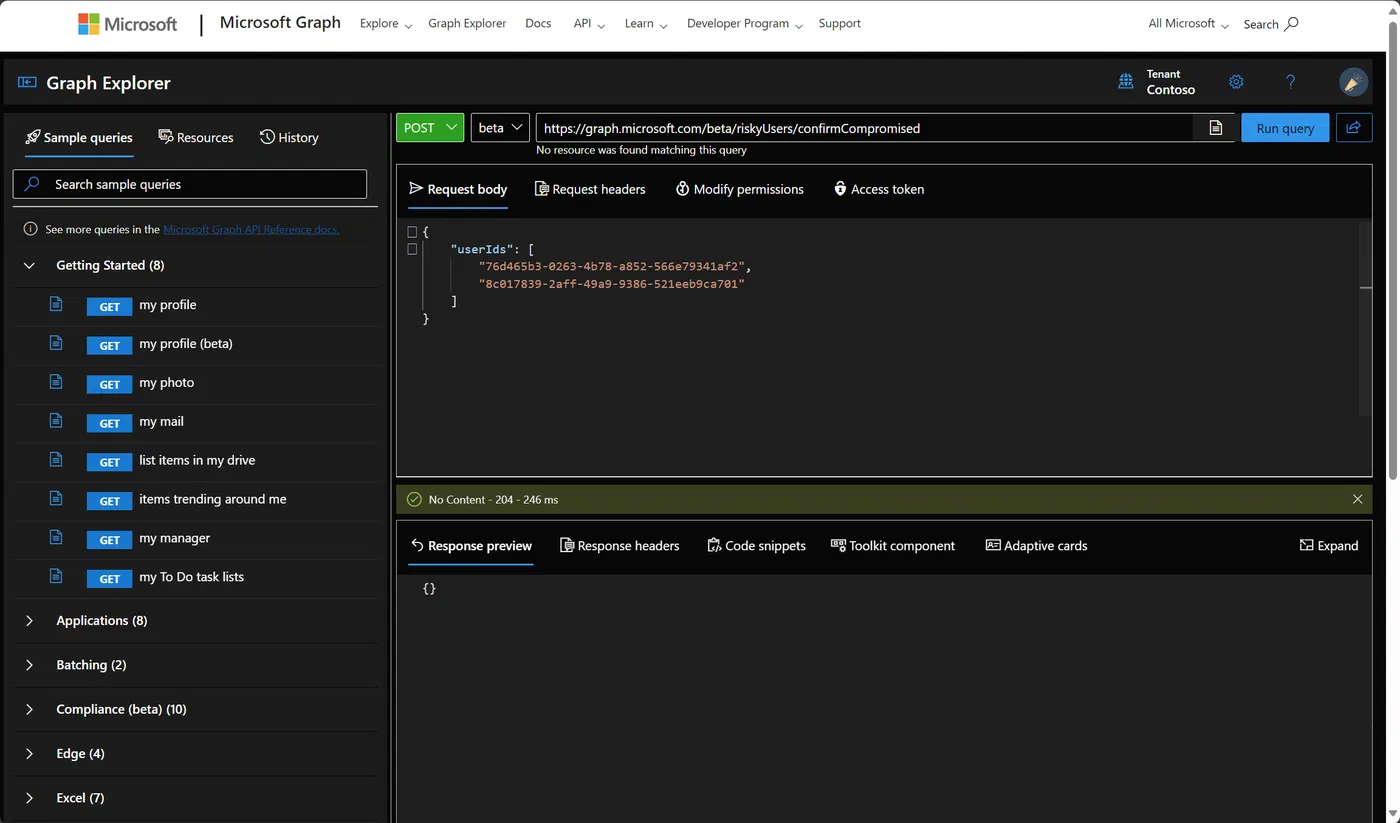Graph Explorer request to confirm selected accounts as compromised
