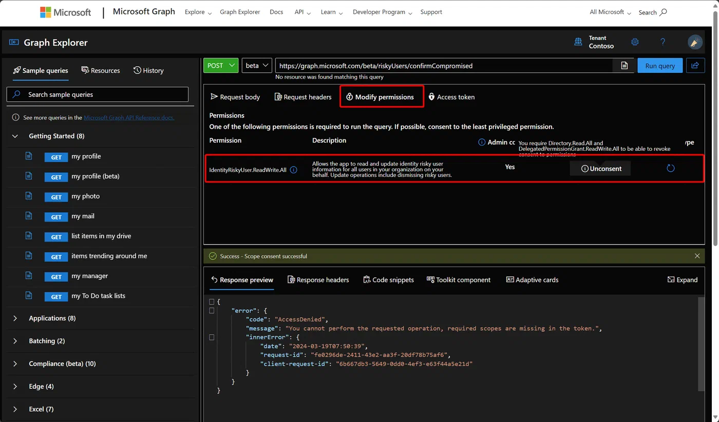 Microsoft Graph Explorer permissions for managing risky user status